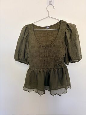 Old Navy Olive Green Puff-Sleeve Smocked Peplum Top - Women